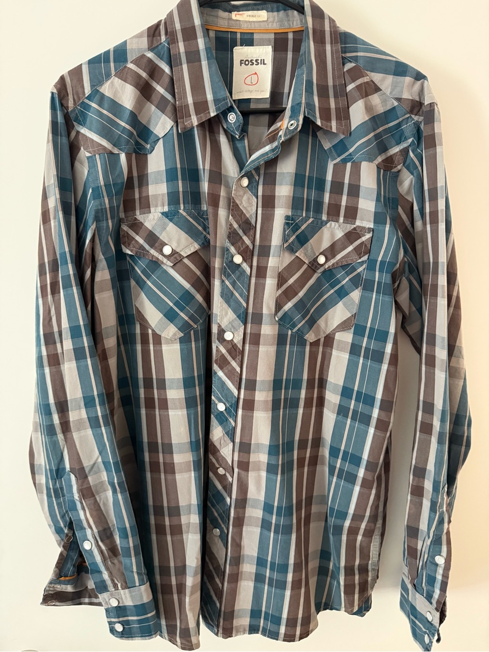 Fossil Teal and Brown Plaid Long-Sleeve Button-Down Shirt